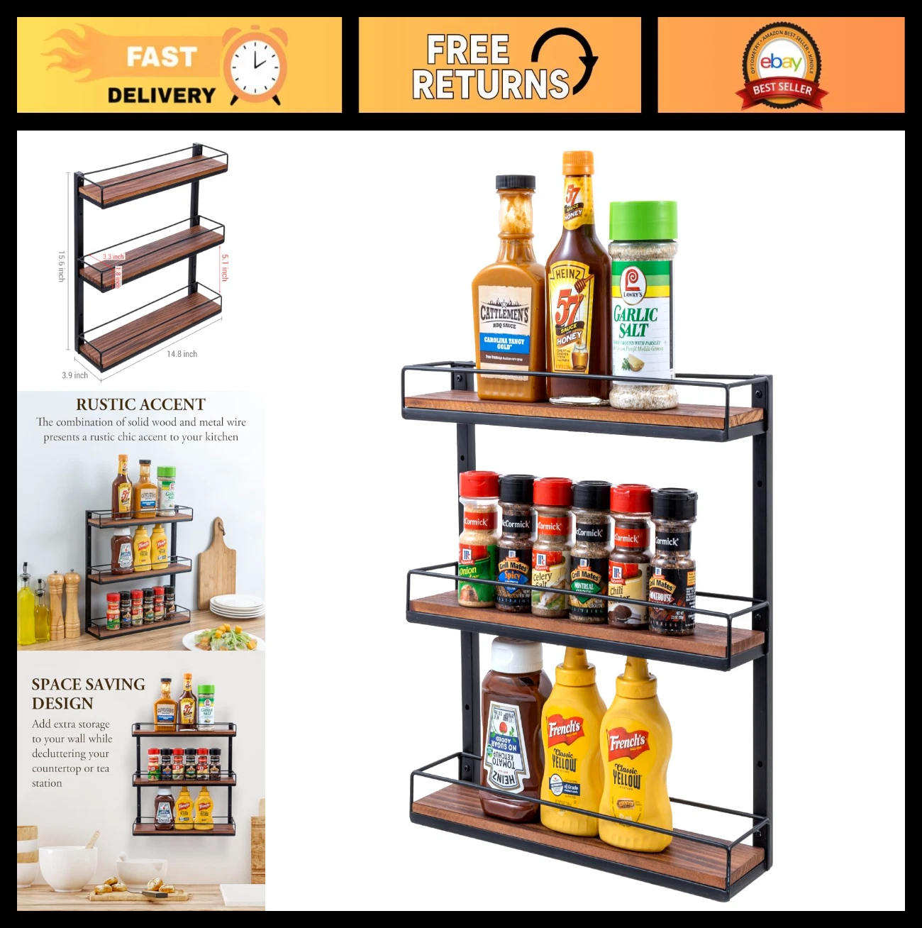 3 Tier Wall Mounted Spice Rack - Black Metal & Wood Kitchen Organizer Shelf
