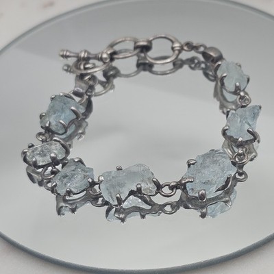 Starborn 925 Sterling Silver Raw Aquamarine Chunky Link Bracelet Toggle Clasp