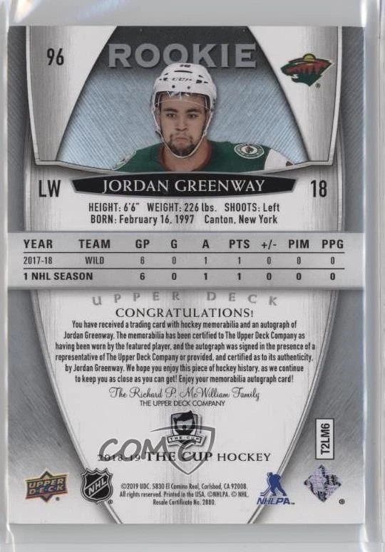 2018-19 Upper Deck The Cup /249 Jordan Greenway #96 RPA Rookie Patch Auto RC - Image 2 of 2