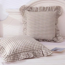 Taupe/White Plaid Euro Pillow Shams Ruffle Pillowcases Set of 2,Shabby Checke...