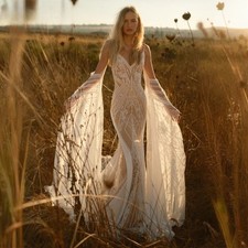 Boho Spaghetti Straps Wedding Dresses Deep V Sheer Lace Mermaid Bridal Gowns
