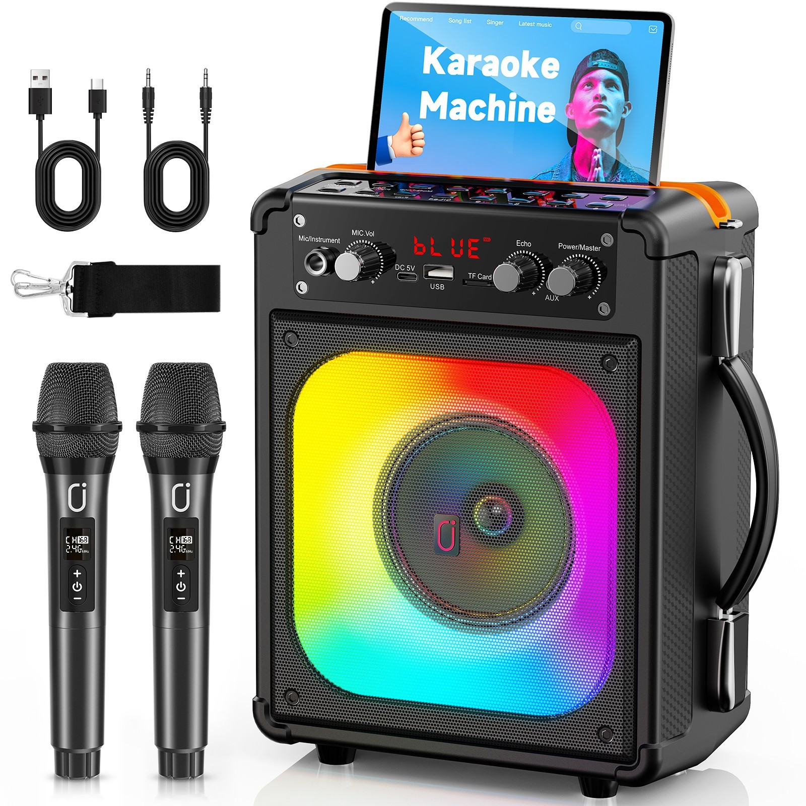 JYX Karaoke Machine with 2 Wireless Microphones Bluetooth Speaker LED Portable