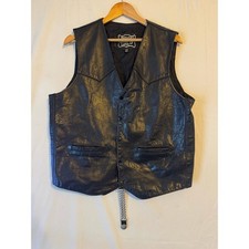 Men's First Genuine Leather Black Biker Vest Size 44 Harley-Davidson Patch Chain