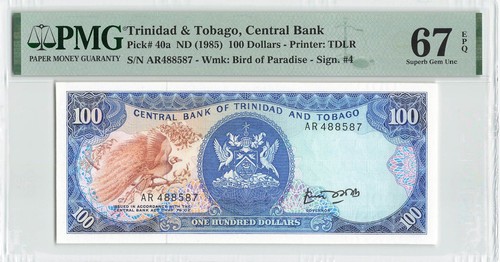 TRINIDAD & TOBAGO 100 Dollars 1985, P-40a, Sign: Bobb, PMG 67 EPQ Superb Gem UNC - Picture 1 of 2