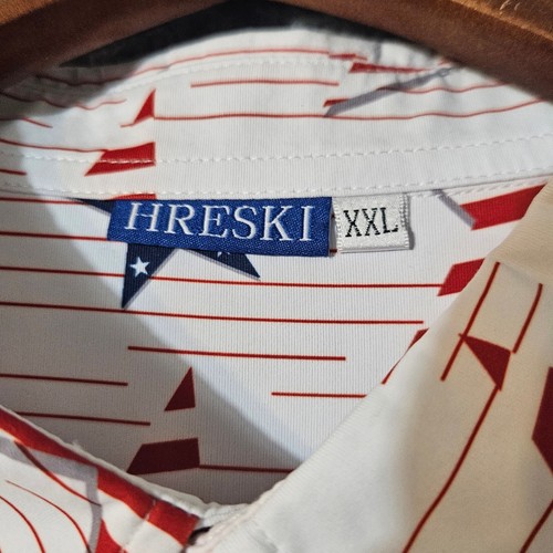 Hreski Mens Size XXL 2XL Gliding Striped Red Blue Stars Golf Polo Short Sleeves - Picture 3 of 6
