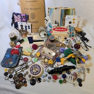 Huge Vtg Sewing Estate Junk Drawer Lot Singer MCM Black Panther Buttons Figures
