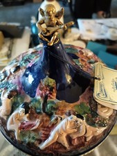 Reuge Cherubs Blue Capodimonte Carousel Lipstick Music Box In Working Condition.