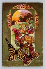 Postcard Butterflies Scene Lovingly Yours Greeting Card Artwork flowers embossed
