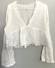 Urban Outfitters Shirt Womens L White Boho Peplum Gauze Lace Top Blouse Cropped