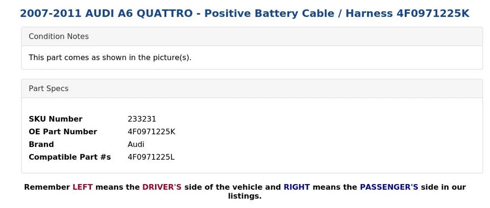 AUDI A6 QUATTRO 2007-2011 - Cable/arnés de batería positivo 4F0971225K Foto 3 de 4