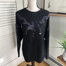 Vintage GREG ADAMS Sweater Womens Medium Black Embellished Retro 90s Holiday