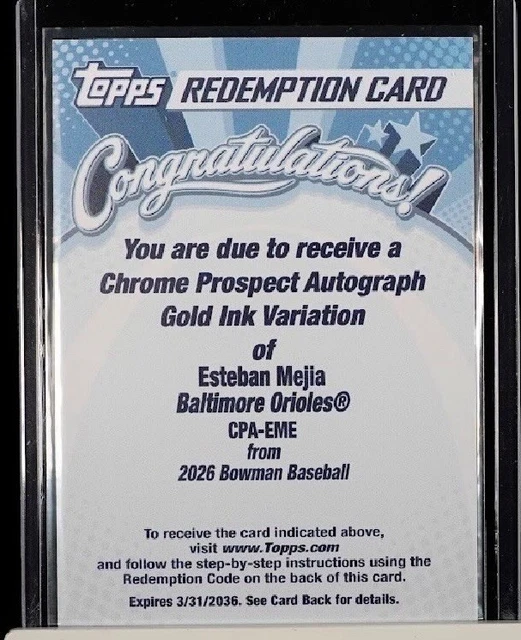 2026 Bowman Chrome Esteban Mejia Gold Ink Variation Auto Redemption /15 Orioles