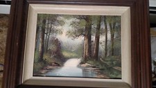 Vtg SIGNED Painting Art Wood Framed rustic Stream Forest Nature picture Realism