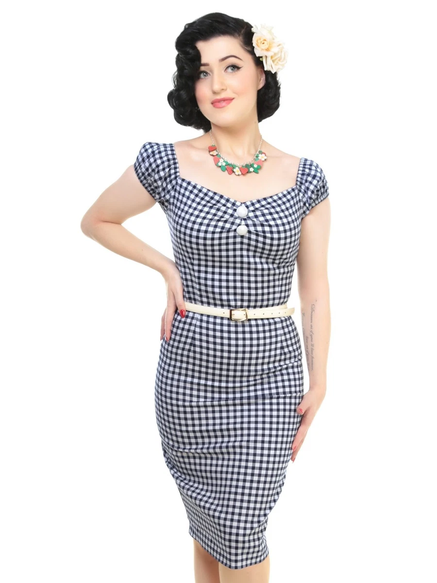 Collectif UK Navy Gingham Pencil Dress Wiggle Rockabilly Pinup SIZE |