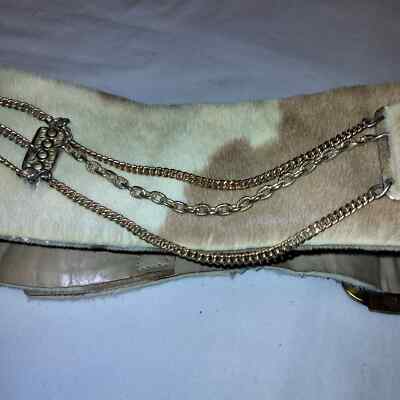 Cow Print Fur Tan & beige Chain Embellished Belt Jean Fisher 