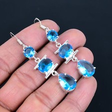 Boucles d'oreilles solitaire pierre précieuse argent sterling 925 topaze bleu...