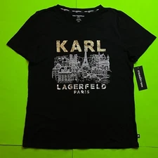 KARL LAGERFELD Women’s Short Sleeve T-Shirt Size MEDIUM Black w/White, Silver