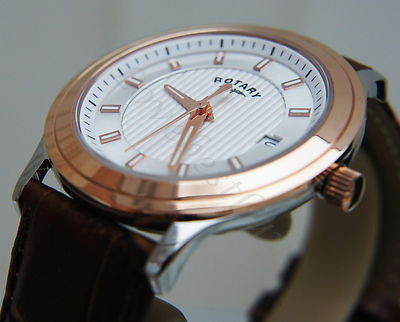 ROTARY Swiss Mens Watch Slim Rose Gold plated Lightweight Brown leather RRP £189