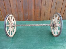 Antique 2 Wooden 9+" Spoke Wheels with Rubber and Axles
