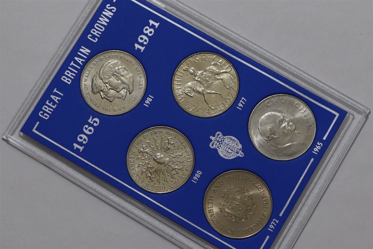 🧭 🇬🇧 UK GB 5 CASED COPPER-NICKEL CROWNS 1965-1981 B70 🧭 🇬🇧 UK GB 5 CASED COPPER-NICKEL CROWNS 1965-1981 B70