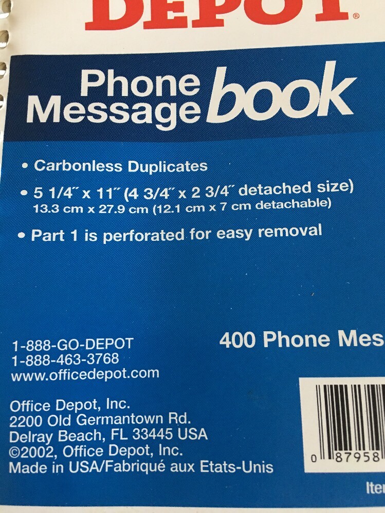 Office Supply Phone Message Book 11x5.25 400 messages 848-861