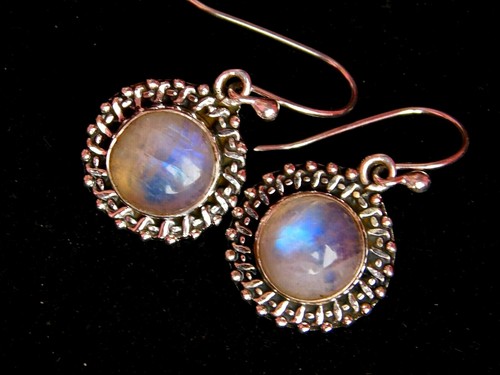 925 Pure Silver Natural Cabochon Rainbow Moonstone Dangle Earrings 1.25" New Art - Bild 3 von 5