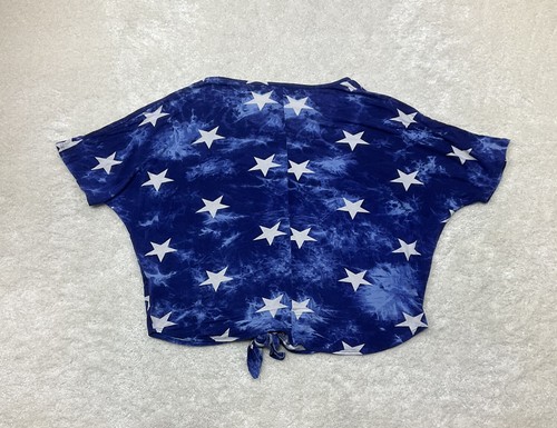 Jodifl Womens Size S Blue Tie Dye Star Print Cropped Tie Hem Shirt America USA - Picture 2 of 9