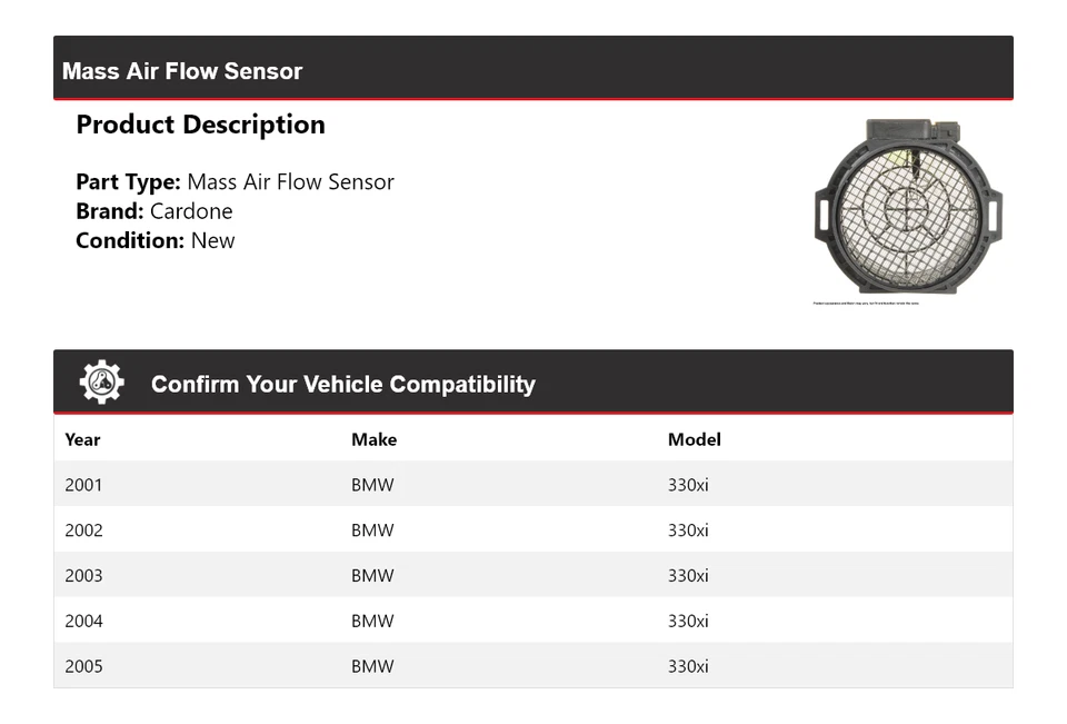 For 2001-2005 BMW 330xi Mass Air Flow Sensor Cardone 2002 2003 2004 - Image 2 of 4