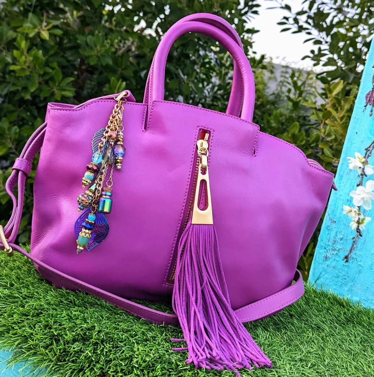 New BRIAN ATWOOD Napa leather tassel zip front satchel purse handbag $695  purple