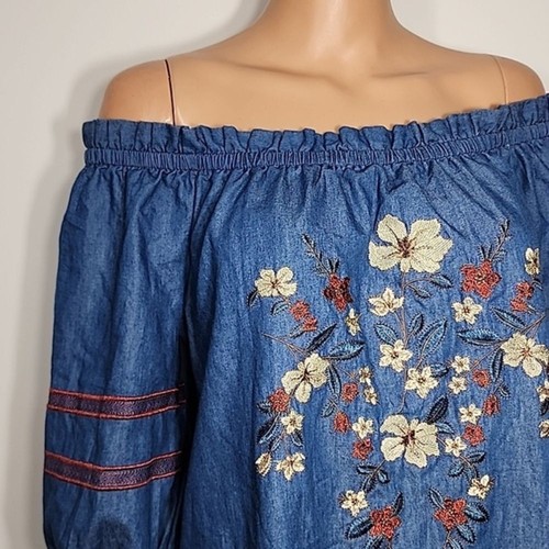 Blu Papper Off Shoulder Dress With Floral Embroidery In Chambray Size L Large - Picture 4 of 10