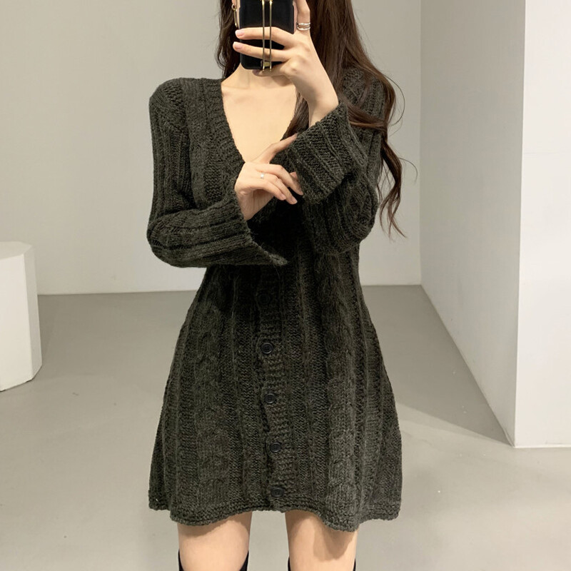 Women V Neck Long Sleeves Knitted Sweater Dress Korean Fashion Slim Jumper Skirt