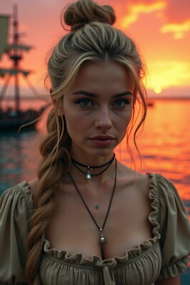 GORGEOUS SEXY CUTE VICTORIAN PIRATE LADY AT SEA SUNSET 4X6 FANTASY PHOTO