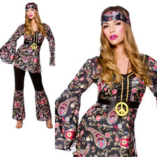 Peace Loving Hippie Outfit Ladies 1960s 70s Hippys Fancy Dress Costume UK 6/28