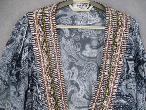 Inoa Cardigan Womens One Size Blue Beige Paisley Silk Embellished Longline Open - Picture 2 of 23