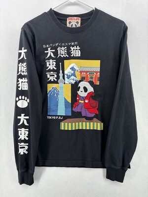 Pandiesta Japan Long Sleeve T Shirt Embroidered Panda Black Medium