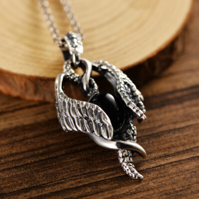 I01 Pendant Dragon Dragon Wings Sterling Silver 925 and Black Agate