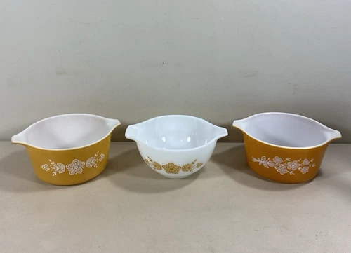 3 Different Pyrex Gold Butterfly Mixing Bowls #441, #473, #473-8