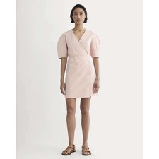 Everlane Seersucker Wrap Dress Sz 8 Orange Mini Organic Cotton Balloon Sleeves
