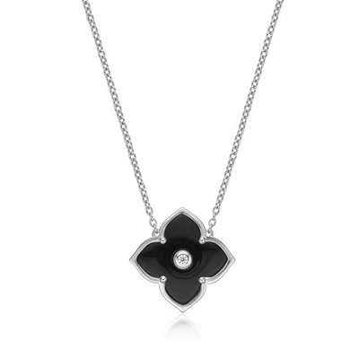 Schwarzer Onyx und Zirkonia Blume Anhänger Halskette 925 Sterlingsilber 18''