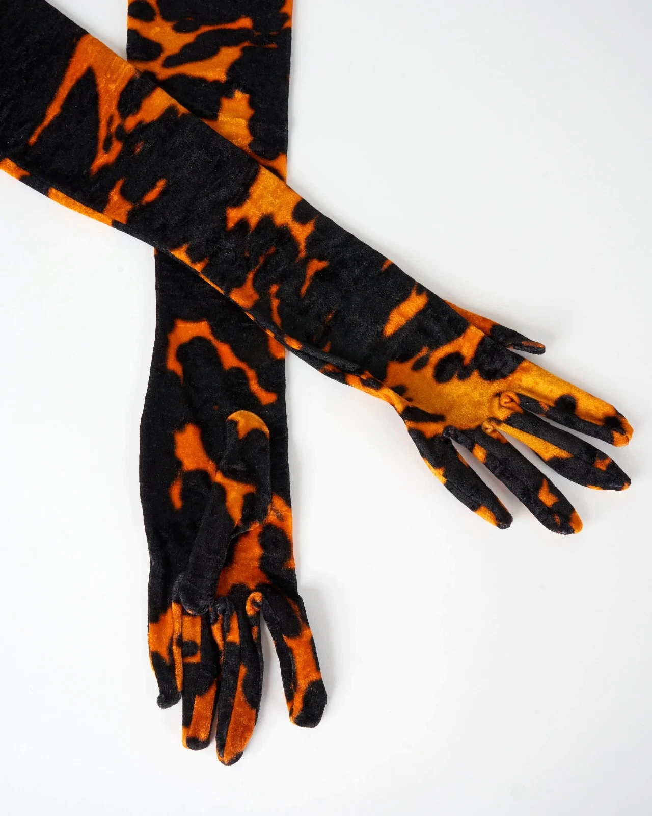 NEW Auth DRIES VAN NOTEN Orange & Black Extra Long Crushed VELVET Gloves M