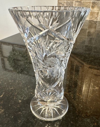 Vintage MCM Pinwheel & Star Clear Cut Crystal Footed Flower Vase 8.25” Beautiful - Picture 2 of 18