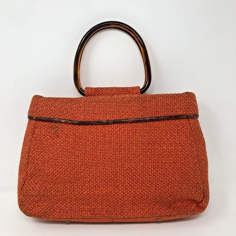 Bolso de Mano Vintage Julius Resnick Mango Lucite Naranja Tejido Tweed Años 60 Foto 2 de 4