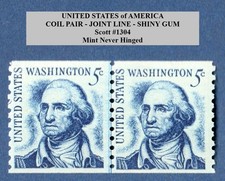 1966 US Joint Line Coil Pair: Scott #1304 (5¢ George Washington, Shiny Gum) MNH