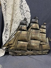 Vintage Syroco Schooner Ship Plastic Wall Art MCM Nautical Decor Gold 20”x26”