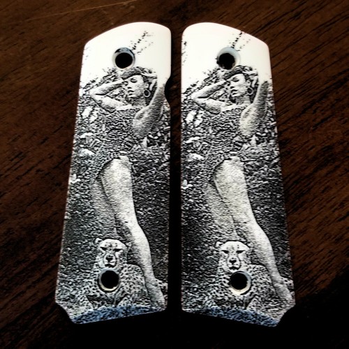 1911 Custom Grips - Imitation Ivory Scrimshaw With American Flag & Eagle Engraving