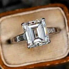 3Ct Emerald Cut Lab Created Diamond Solitaire Ring 14K White Gold Plated Silver