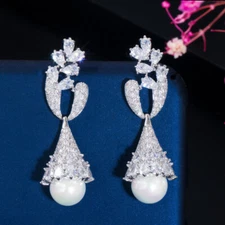 Lady Silver Plated Wedding Cubic Zirconia Long Drop Pearl Earrings Plant Jewelry