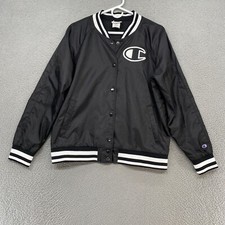 Champion Bomber Jacket Womens Large Satin Embroidered Baseball Black Snap Up