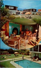 Santa Barbara CA Ming Tree Motor Hotel Tri View Fireplace Pool postcard JP4