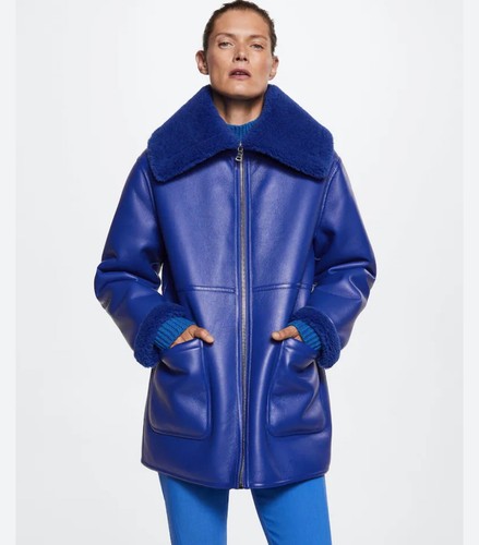 Mango Royal Blue XS Faux Shearling Coat